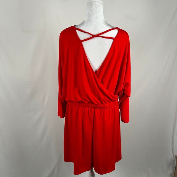 Express Red V-Neck Mini Dress Mock Wrap Open Back Large Stretch Casual Feminine - Picture 2 of 4